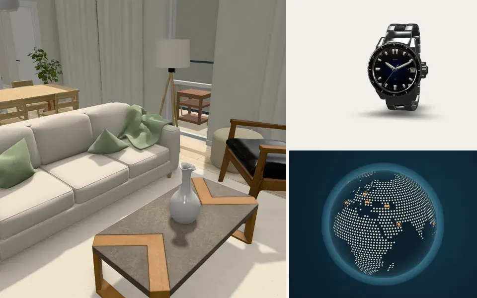 Exemples de l’approche : un éditeur d’intérieur, une visionneuse 3D de montres et un globe avec itinéraires